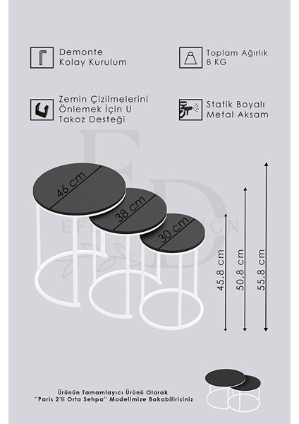 Paris 3'lü C Zigon Sehpa Beyaz Metal - Atlantik Çam Tabla Beyaz - Atlantik Çam modelleri