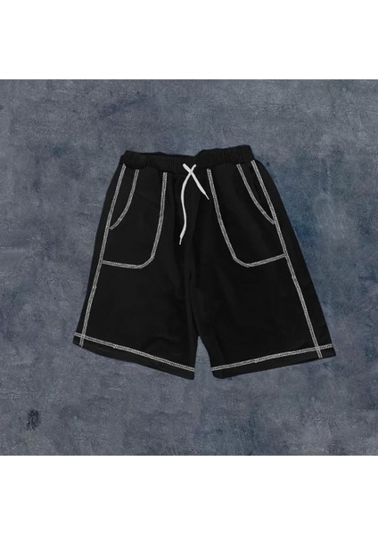 Unisex Dikişli Cepli Oversize Şort - Siyah
