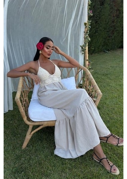 Göğsü Trikolu Keten Uzun Elbise 2904-08