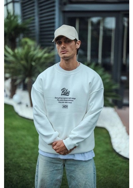 Kışlık Bisiklet Yaka Ön ve Arka Baskılı Sweatshirt - Beyaz