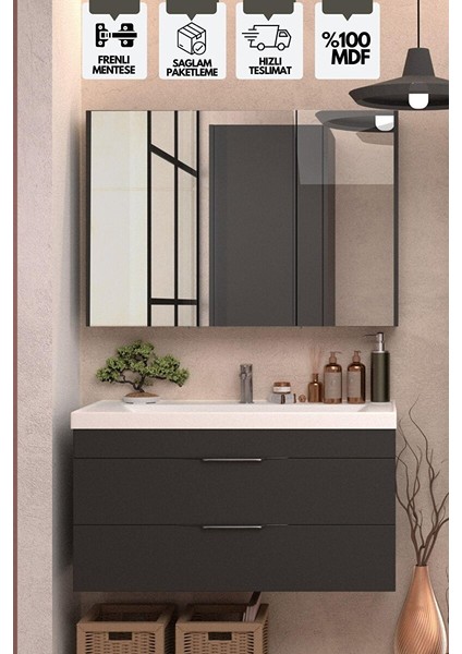 Lotus Banyo Dolabı 100 cm Lavabo Dahil Antrasit Çekmeceli Komple Mebran Mdf