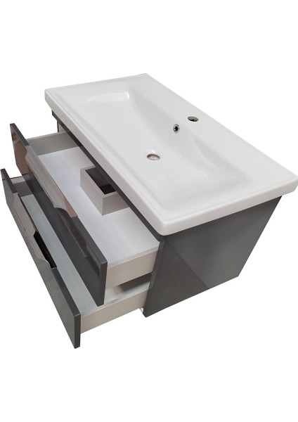 Lotus Banyo Dolabı 100 cm Lavabo Dahil Antrasit Çekmeceli Komple Mebran Mdf