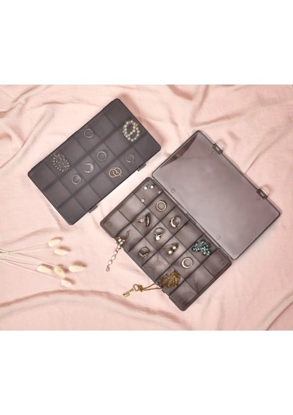 Gri 18 Bölmeli Takı Organizeri, Kolye, Boncuk, Küpe ve Bileklik Saklama Kutusu
