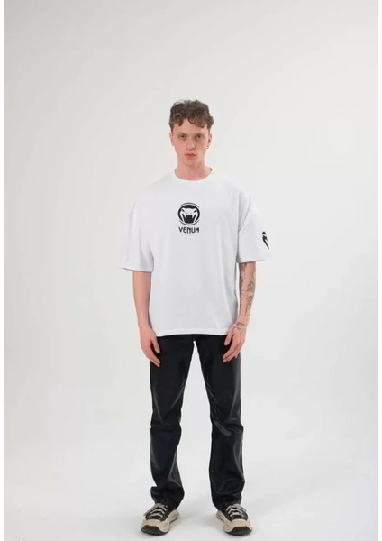 Unisex Bisiklet Yaka Baskılı Oversize T-Shirt - Beyaz fiyatları