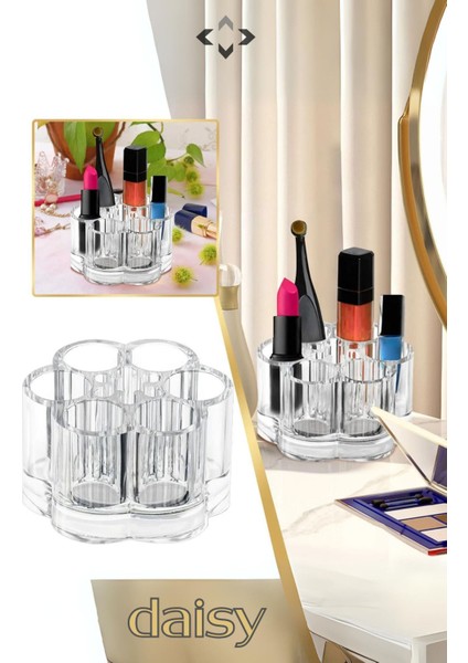 Şeffaf Kristal Organizer, Ruj ve Kalem Düzenleyici, Çiçek Desenli Beyaz 100 Karakter