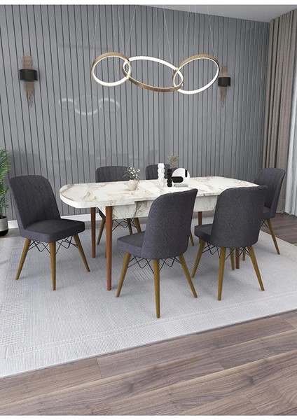 Emek Masası Masa Sandalye Takımı Salon Masası Açılabilir 6 Kişilik (Efes-Koyu Gri̇ Sandalye)
