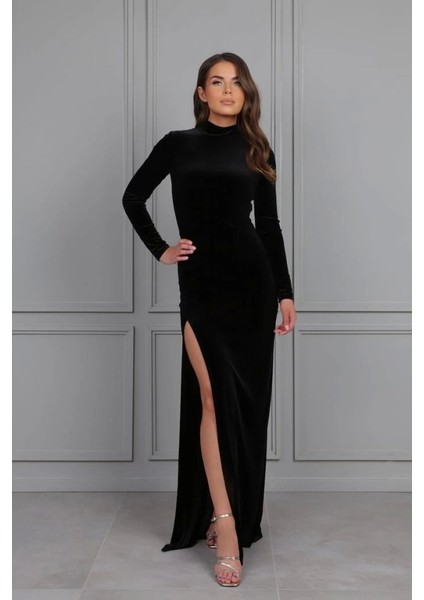 Kadın Uzun Kollu Yarım Balıkçı Yaka Derin Yırtmaç Detay Krep Tam Boy Elbise fırsatları