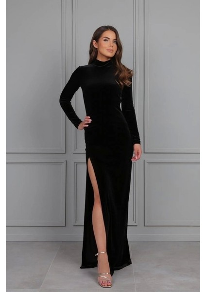 Kadın Uzun Kollu Yarım Balıkçı Yaka Derin Yırtmaç Detay Krep Tam Boy Elbise indirimleri