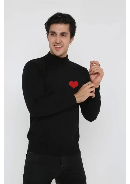 Unisex Yarım Boğazlı Baskılı Dokuma Triko - Siyah