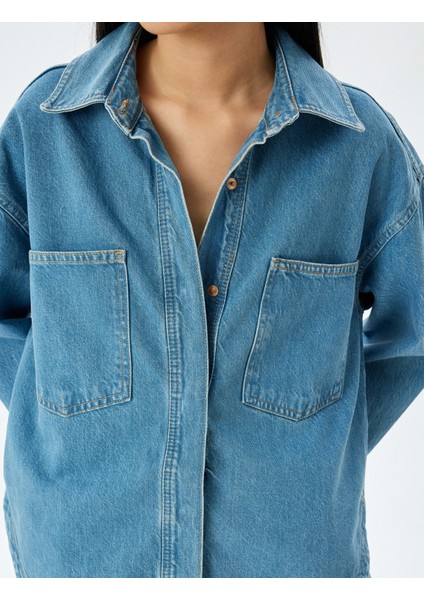 Yeni Sezon Oversize Aplike Cep Detaylı Düğmeli Kot Gömlek Ceket