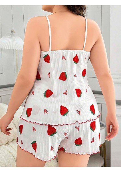 Büyük Beden Çilek Desen Pamuklu Şortlu Pijama Takımı fırsatları