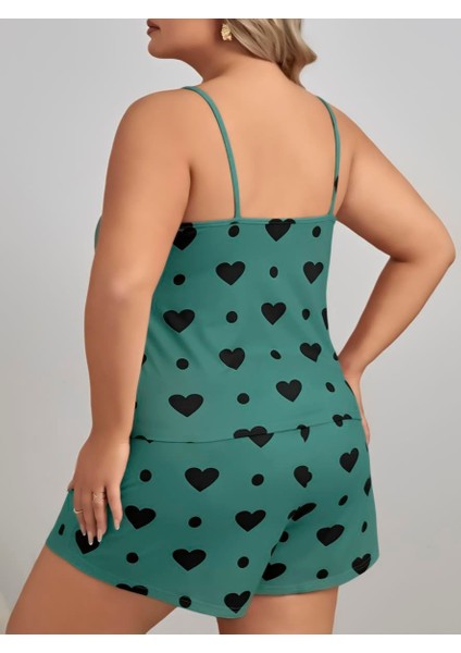 Büyük Beden Yeşil Kalp Desen Pamuklu Şortlu Pijama Takımı modelleri
