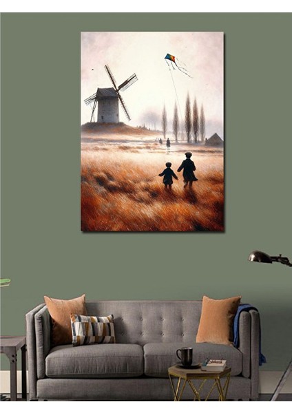 Kanvas Tablo Retro Uçurtma Uçuran Çocuklar 70X100 cm