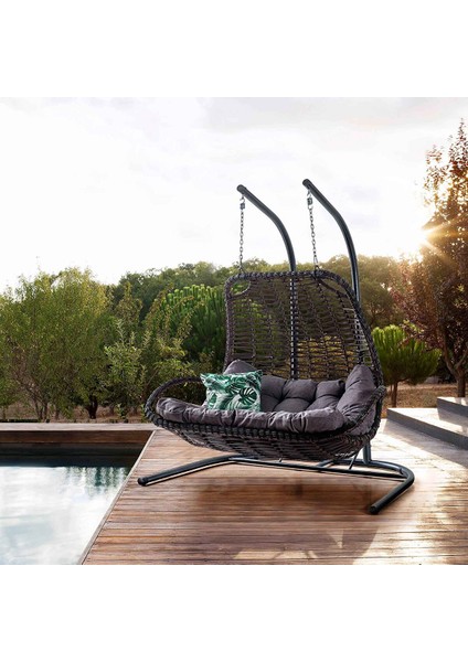 Komfor Swing Çift Kişilik Salıncak, Kahve Rattan Gri Kumaş