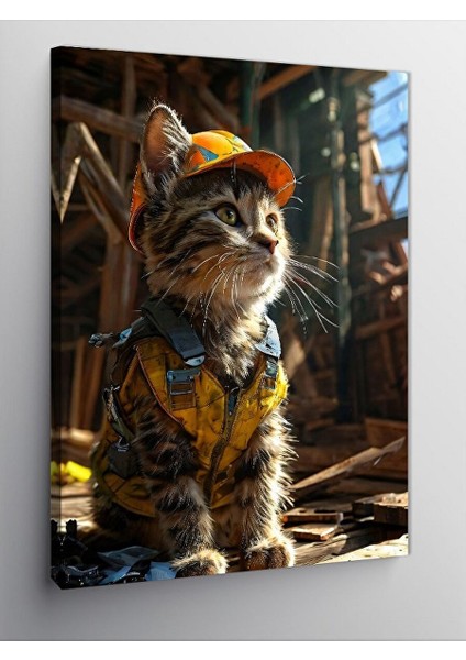 Kanvas Tablo Sarı Baret Takan Yorgun Inşaatçı Kedi 70X100 cm