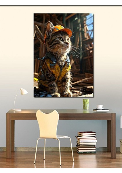 Kanvas Tablo Sarı Baret Takan Yorgun Inşaatçı Kedi 70X100 cm fiyatları