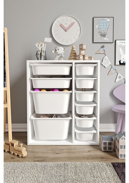 %100 Mdf - Small Duo 10 Sepetli Oyuncak Dolabı (SMALLDUO10SEPET-2B-2O-6K-BEYAZ)
