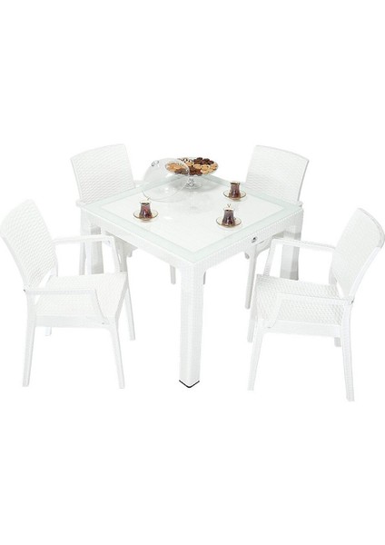 Elit Rattan 90X90 Elit Koltuk Camlı Masa Takımı Beyaz