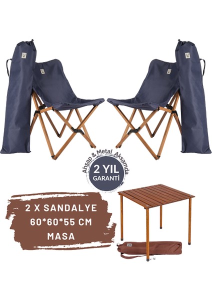 Ahşap Katlanır Masa Sandalye Seti Kahverengi Iskelet Lacivert Kılıf, 60X60X55 Masa
