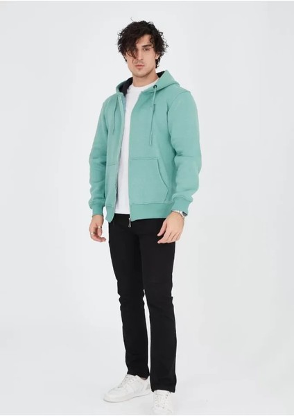 Unisex Tam Fermuarlı Kapşonlu Sweatshirt - Mint Yeşili