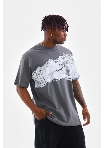 Unisex Bisiklet Yaka Baskılı Oversize T-Shirt - Gri fırsatları