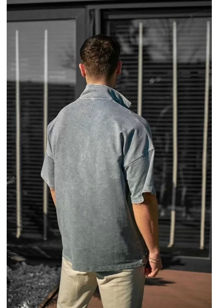 Unisex Yarım Fermuarlı Yıkamalı T-Shirt - Gri fiyatları