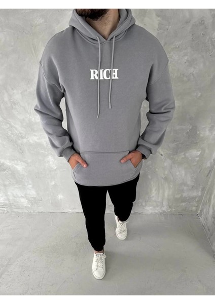 Uzun Kol Kapşonlu Göğüs Baskılı Sweatshirt - Gri
