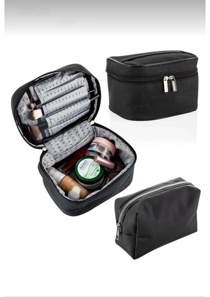 Şık 2'li Seyahat Makyaj Organizeri Çok Fonksiyonlu Kumaş Çanta Siyah