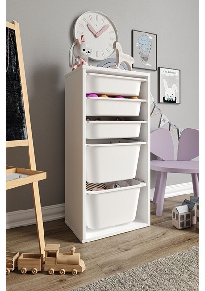 %100 Mdf - Medium Mono 5 Sepetli Oyuncak Dolabı (MEDIUMMONO5SEPET-2B-3O-BEYAZ)