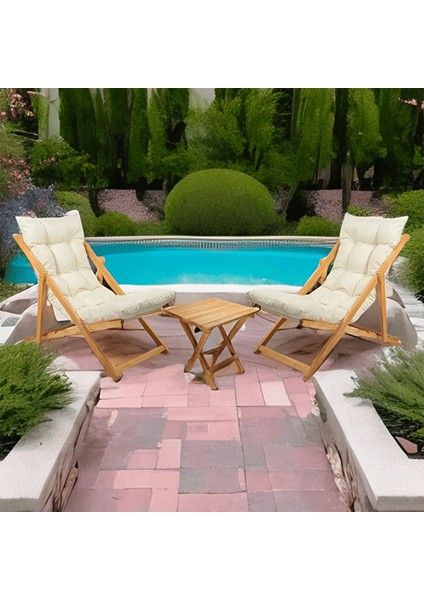 Ahşap Katlanabilir Taşınır Puf Minderli Şezlong Balkon Sandalyesi Takımı 3 Lü Set Krem