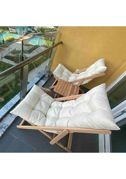 Ahşap Katlanabilir Taşınır Puf Minderli Şezlong Balkon Sandalyesi Takımı 3 Lü Set Krem fırsatları