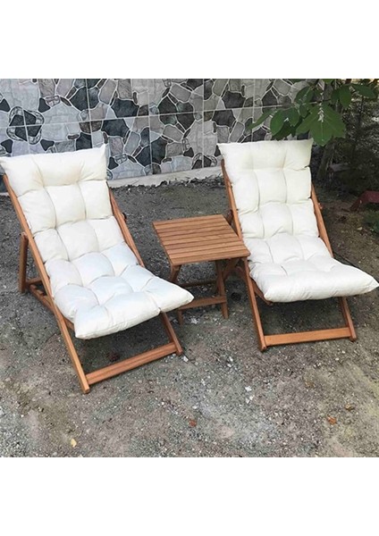 Ahşap Katlanabilir Taşınır Puf Minderli Şezlong Balkon Sandalyesi Takımı 3 Lü Set Krem indirimleri