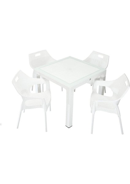 Elit Rattan 90X90 Star Koltuk Camlı Masa Takımı Beyaz