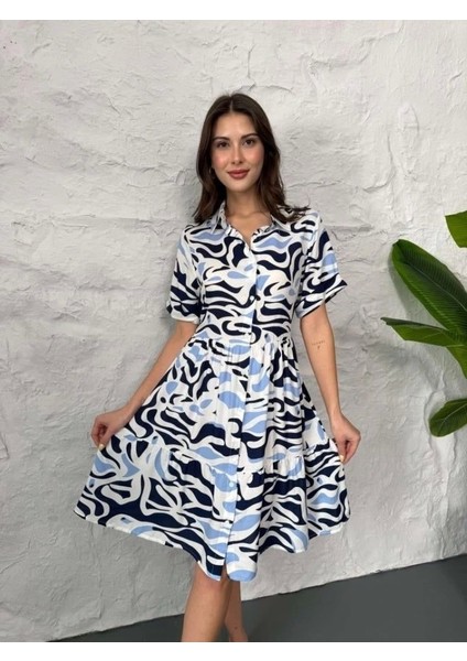 Baskılı Keten Elbise - Lacivert