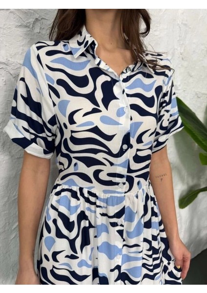 Baskılı Keten Elbise - Lacivert fiyatları