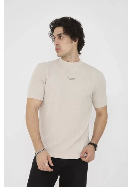 Unisex Bisiklet Yaka Slim Fit T-Shirt- Bej modelleri