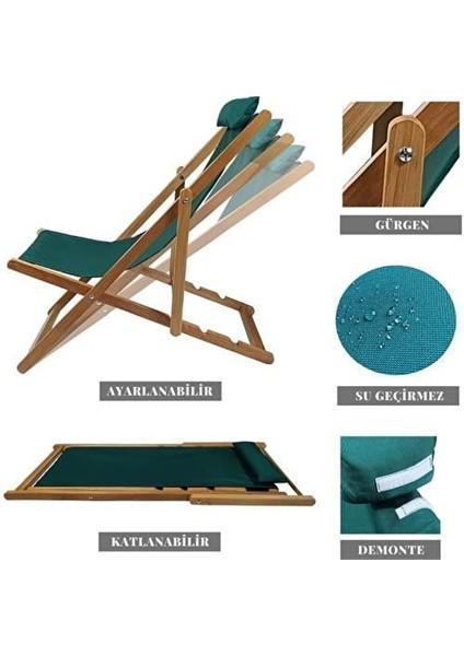 Ahşap Katlanabilir Taşınır Puf Minderli Kollu Kademeli Şezlong Plaj, Bahçe Şezlong 3lü Set Krem