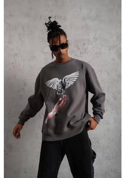 Erkek Güvercin Baskılı Sweatshirt - Gri modelleri