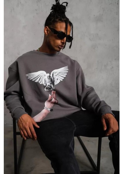 Erkek Güvercin Baskılı Sweatshirt - Gri fırsatları