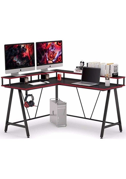 Tasarım L Model Monitör Raflı Oyuncu ve Çalışma Masası