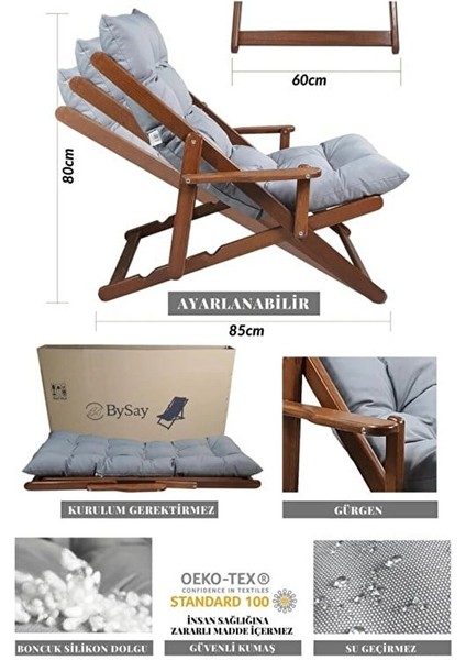 Puf Minderli Ahşap Kademeli Şezlong Bahçe&balkon&teras&plaj Katlanır Şezlong Ceviz Gri