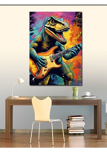 Kanvas Tablo Renkli Fon Gitarist Dinazor 100X140 cm modelleri