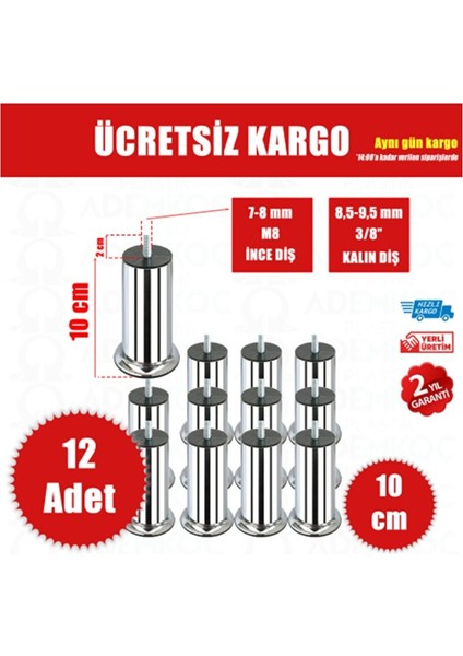 10 cm Baza Ayağı Koltuk Ayağı Kanepe Ayağı Civatalı M8 Ince Diş 12 Adet fiyatları