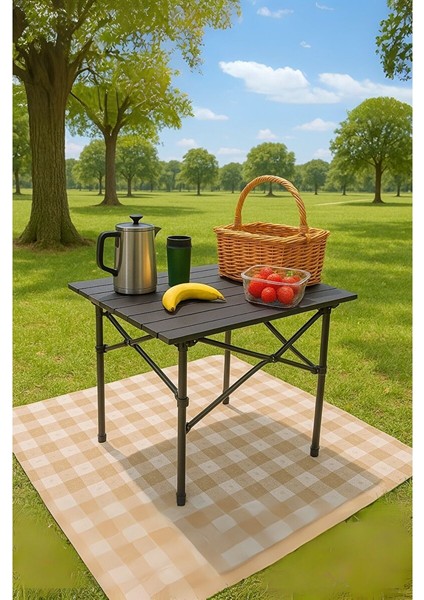 Hafif Taşıma Çantalı Katlanır Kamp Piknik Bahçe Masası Siyah 50 x 50 x 50 cm