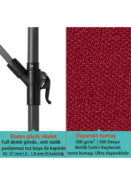 3 mt 8 Kaburga Full Demir 21 kg Bordo Bahçe Şemsiyesi