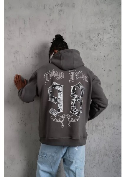 Erkek 98 Baskılı Kapşonlu Sweat - Gri