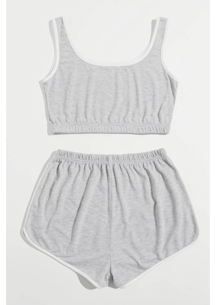 Özel Kadın Gri Askılı Crop Top ve Şortlu Gecelik Takım Fırsat!!!