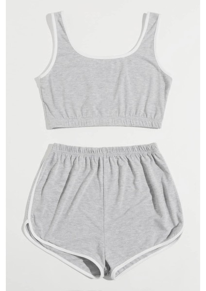 Özel Kadın Gri Askılı Crop Top ve Şortlu Gecelik Takım Fırsat!!!
