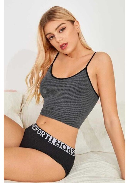 Özel Kadın Anstrasit Gri Ip Askılı Crop Top Bluz Fırsat!!!