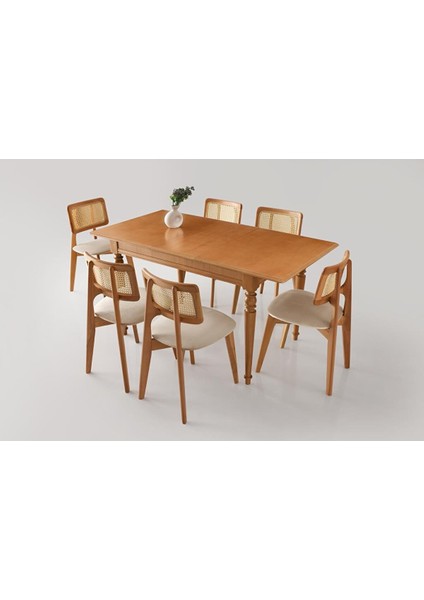 Soho Zion Ağaç Açılır Yemek Masa 6 Sandalye Takımı 80X120